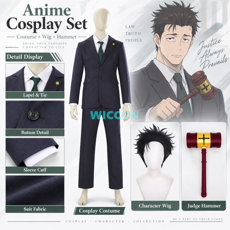 Cosplay Prop Business - ヒロミ・ヒグルマのコスプレ衣装、ウィッグ、アニメ風の男性弁護士コスプレ用小道具、ハロウィーンやコミックコンに最適なビジネススーツ、大人用ユニセックス。