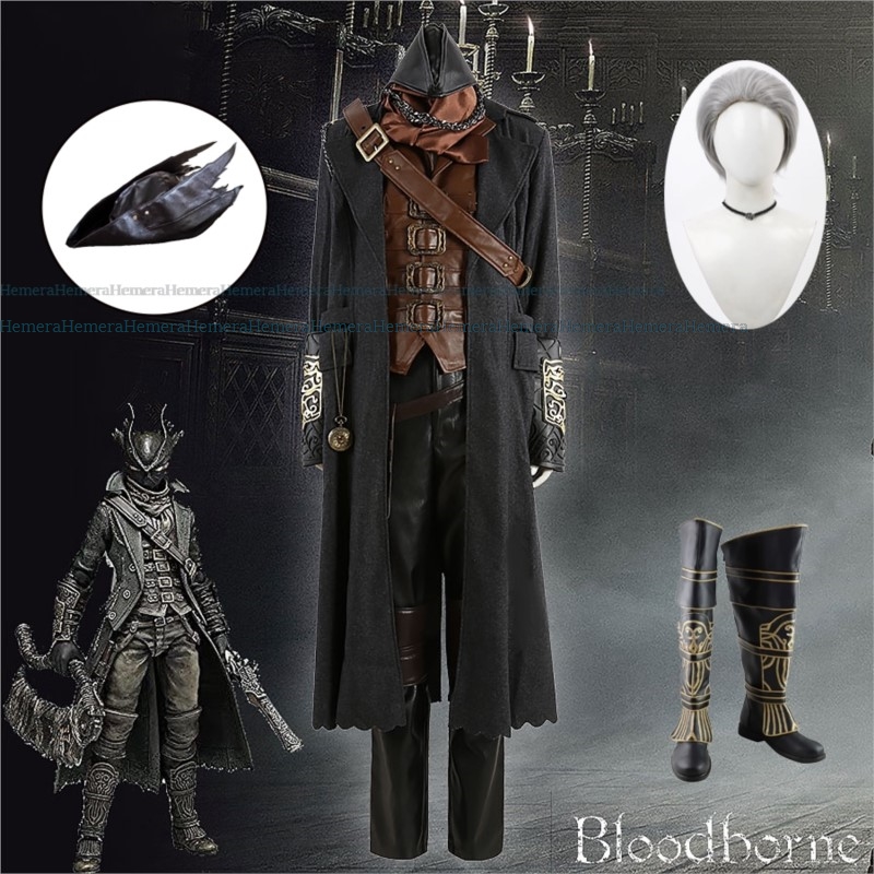 Bloodborne Cosplay Prop - 男性と女性のためのコスプレ衣装,アニメゲーム,ロールガーマン,ブラッドボーン,ハンツマン,かつら,帽子,靴の完全なセット